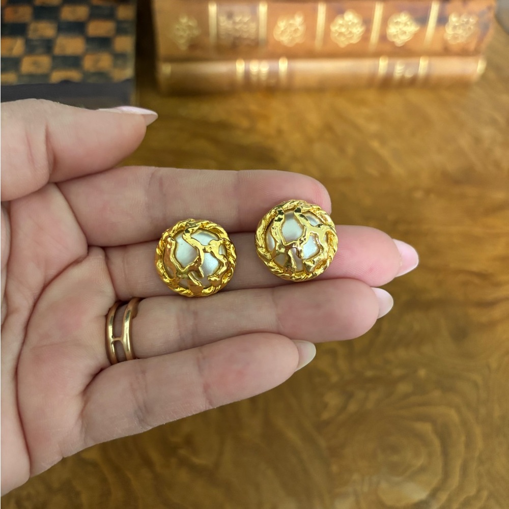 Vintage Gold and White Button Earrings